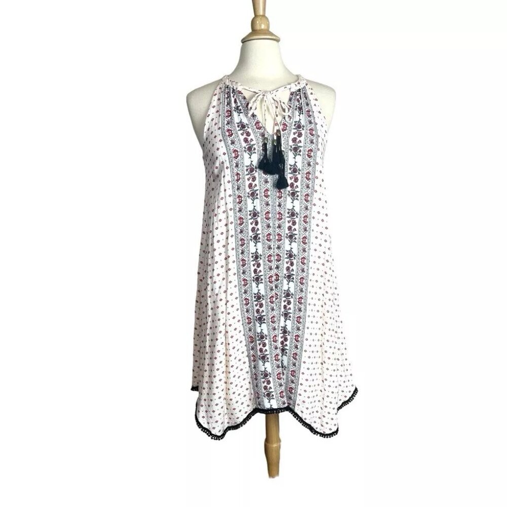 Knox Rose Trapeze Dress S Tassel Tie Pom Boho Red Black Lined Sleeveless Halter